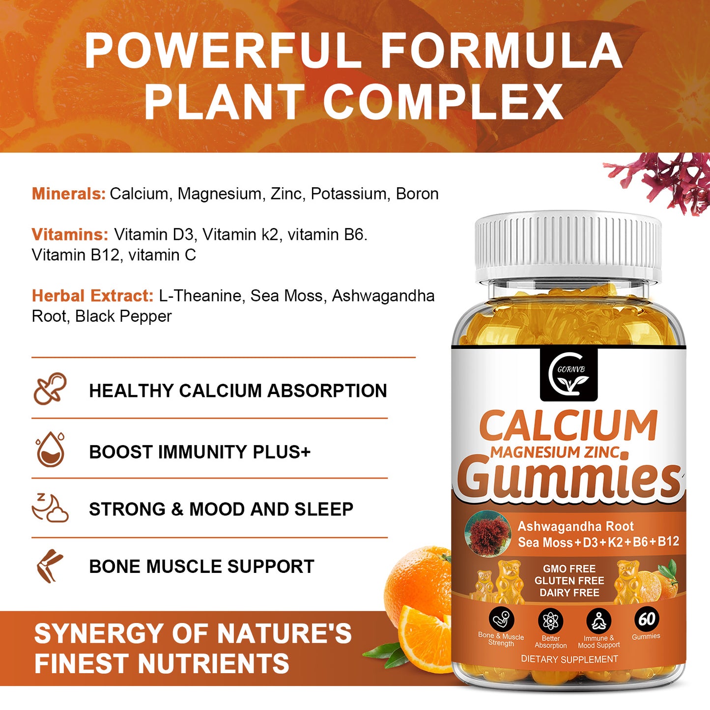 Calcium Gummies with D3, K2, B12, Sea Moss & Ashwagandha - Bone, Muscle & Immune Support
