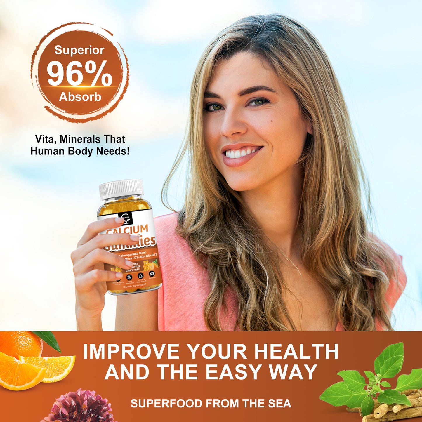 Calcium Gummies with D3, K2, B12, Sea Moss & Ashwagandha - Bone, Muscle & Immune Support