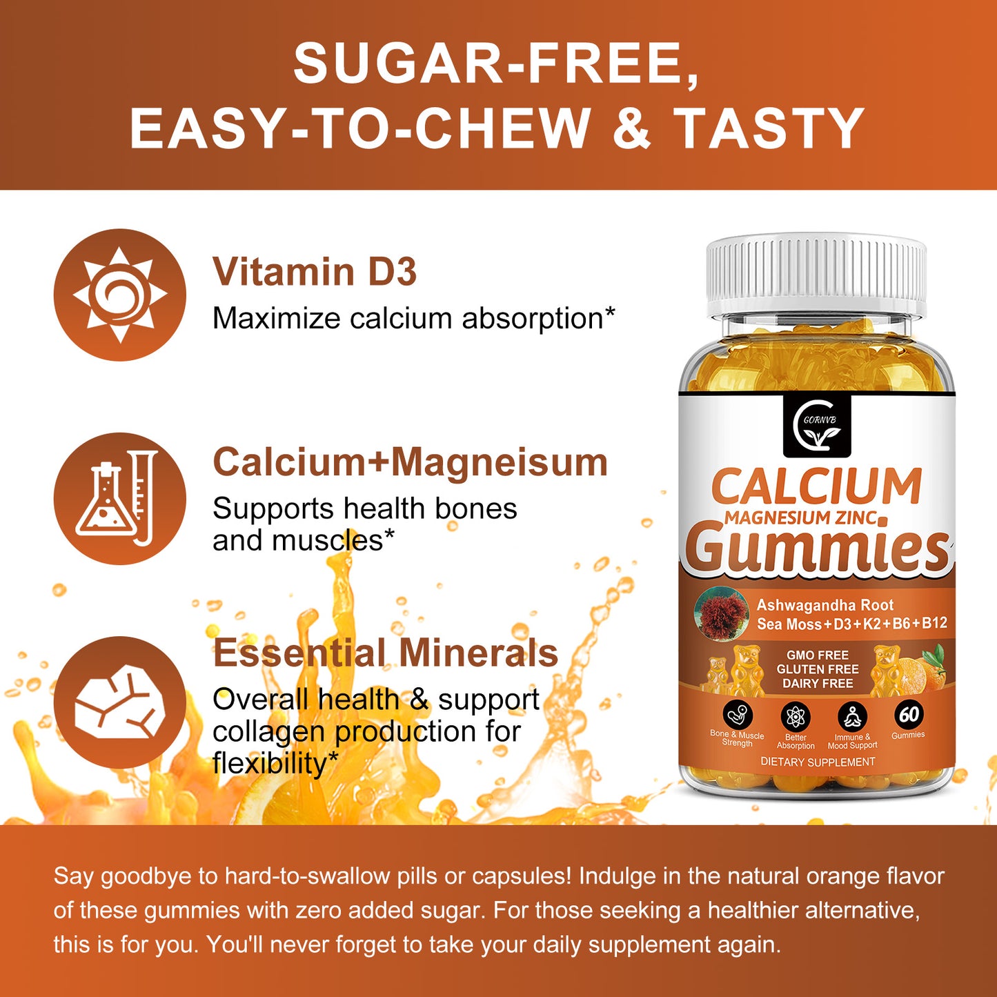Calcium Gummies with D3, K2, B12, Sea Moss & Ashwagandha - Bone, Muscle & Immune Support