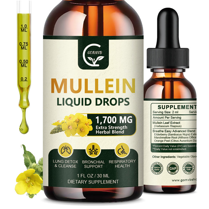 Supplement facts and dropper for GORNVB Mullein Liquid Drops, a herbal lung support product